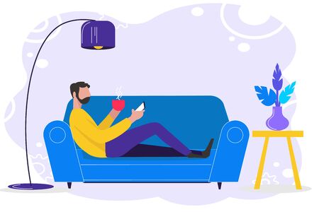 Stay home concept. Man sitting on sofa with smartphone an coffee in modern interior. Vector in flat style. Concept of quarantine, self isolation. For web banner, poster, social mediaのイラスト素材