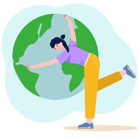Earth Day. Save the earth. Green day. Eco friendly ecology concept. Cute woman hugs the planet. Vector illustration in flat style. Vector for web banner, social media, landing page, poster.のイラスト素材