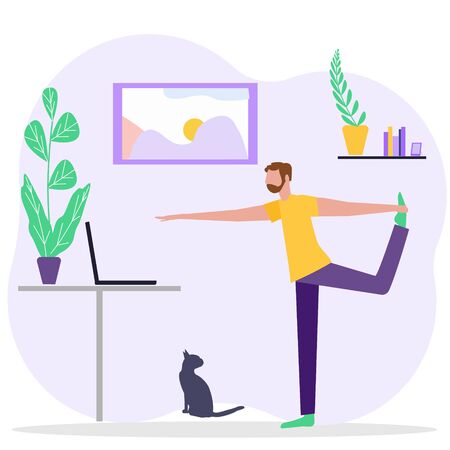 A man practicing yoga at home with a tv lesson. Concept of Coronaviruses pandemic, quarantine in the store social distancing epidemic precautions, self isolation. For web banner, social media, posterのイラスト素材