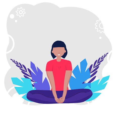 Woman doing yoga for Yoga Day Celebration on background in nature. Concept illustration for yoga, meditation, relax, recreation, healthy lifestyle. Vector illustration in flat.のイラスト素材