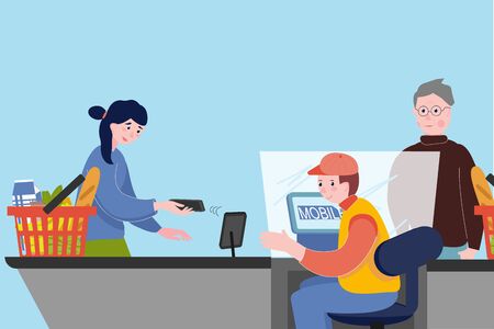Mobile payments at supermarket checkout. Woman paying wireless with her smartphone, Cashier accepting paymen. Concept of mobile payment, paypass, NFC and wireless banking transactions. Vector in flatのイラスト素材