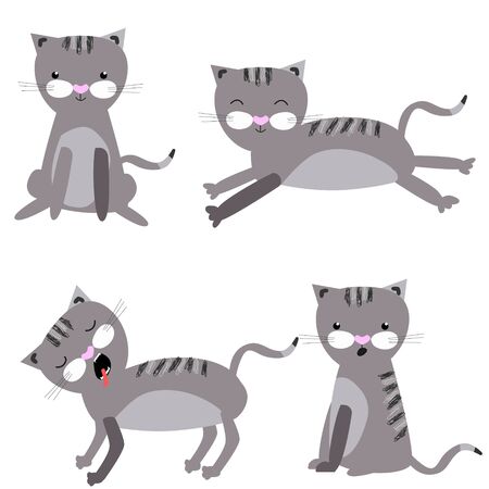 Set by cute cat with different pose on a white background in gray colors in kids cartoon style, hand drawn. Vector Illustration. Print or Poster Design, printed materials, kids Designのイラスト素材
