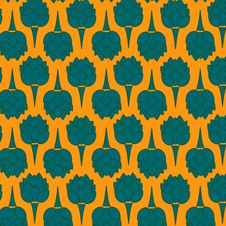 Seamless pattern with blue beer hops on the orange background, colorful vector illustration. Print or Poster Design, wrapping paper, Greeting Card, dishes and clothes.のイラスト素材