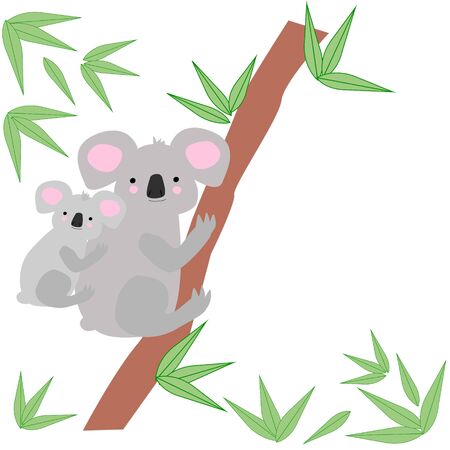 Cute character mother koala and baby in cartoon style with eucalyptus and space for your text. Print or Poster Design for Kids, Greeting Card, Baby dishes and clothes.のイラスト素材