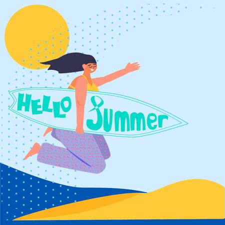 Hello summer. Happy cartoon woman on sun beach jumping with board for serfing with lettering. Vector illustration in flat style.のイラスト素材