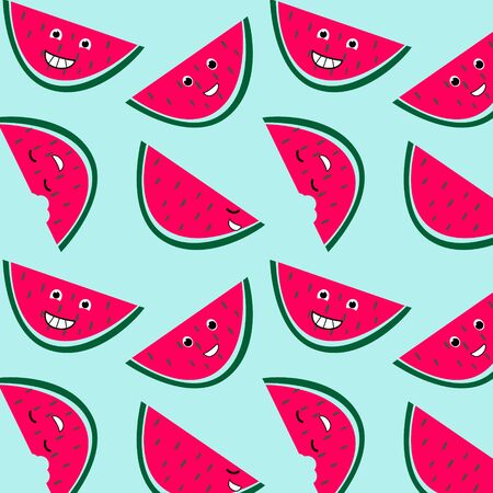 Cute slice of watermelon in cartoon style on the blue background. Print or Poster Design for Kids, Card, Baby dishes, clothes, printed materials, wrapping paperのイラスト素材
