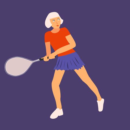 Female tennis player in flat icon design. Tennis player woman aiming to do a good kick isolated illustration on blue background. Vector.のイラスト素材