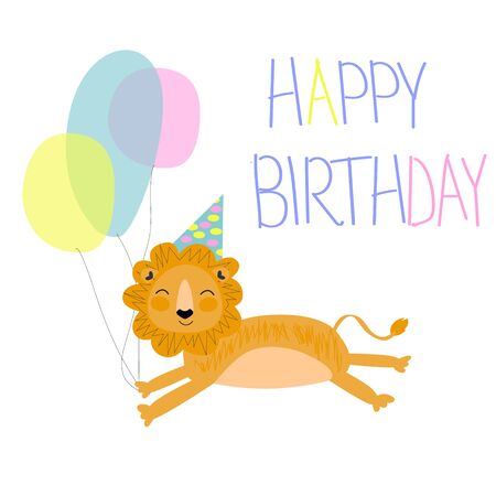 Happy birthday. Cute smiling lion with balloons on a white background in kids cartoon style. Vector Illustration. Print or Poster Design, for t-shirt print, kids wear fashion design,のイラスト素材