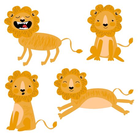 Set by cute lion with different pose on a white background in brown, orange colors in kids cartoon style. Vector Illustration. Print or Poster Design, web sites, printed materials, kids Designのイラスト素材