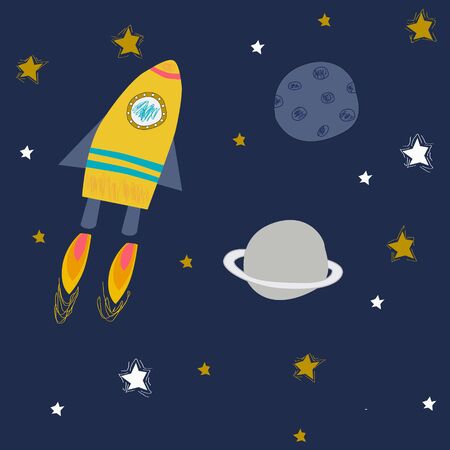 Vector Illustration by space, cosmos with rocket, stars, planets on a blue background in kids cartoon style. Print or Poster Design, for t-shirt print, kids wear fashion designのイラスト素材
