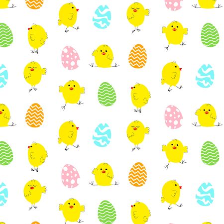 Seamless pattern by cute chicken with different pose with Easter eggs on a white background in bright colors in kids cartoon style. Vector. Print or Poster Design for Easter, kidsのイラスト素材