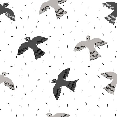 Seamless Pattern with Monochrome silhouettes Birds dove or pigeon in White, Gray and Black on the background Texture with Granules. Simple seamless pattern for background, fabric surface designのイラスト素材