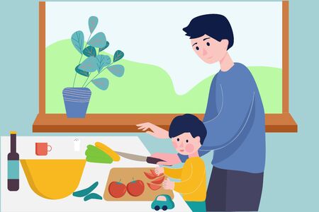 Happy Father's Day, fatherhood. Quarantine activity option with children. Father and son stay at home and cook together in the kitchen dinner salad for family. Vector illustration in cartoon styleのイラスト素材