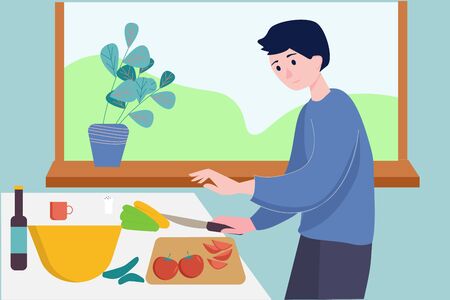 Stay home and cook healthy food yourself. Young man is cooking healthy food in cozy kitchen. Father preparing dinner salad for family. Coronavirus quarantine lockdown.のイラスト素材