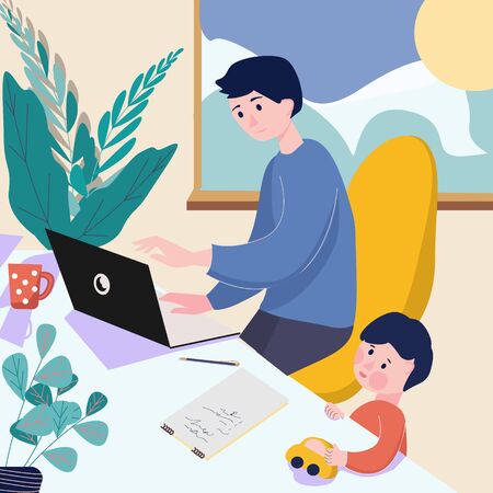 Freelance and telework. Cute happy mother working on laptop at home. Female freelance worker with child at workplace. Maternity and career, work during quarantine. Flat cartoon vector illustration.のイラスト素材