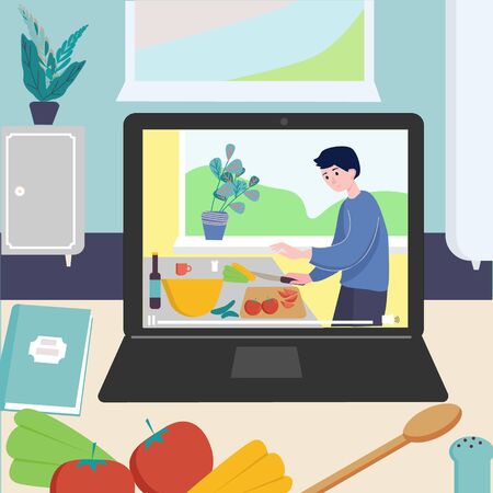 Cooking video blog and online master class on monitor display on kitchen table. Concept video tutorial, stay home cook healthy food by recipe on the quarantine. Man preparing homemade meal.のイラスト素材
