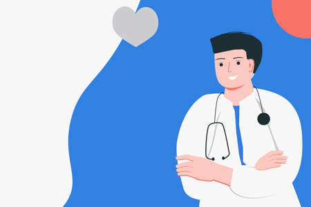 Male man doctor employee. Medical layout template, banner concept, vector in flat style web design, poster.のイラスト素材