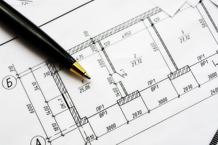 Plan and office supplies. Pen and calculator. draftの写真素材