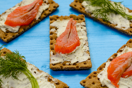 Healthy lunch, of crispbread with salmon and cream cheeseの写真素材