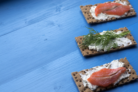Healthy lunch, of crispbread with salmon and cream cheeseの写真素材