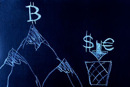 Symbol of Bitcoin on top of the mountain, the dollar and the Euro at the foot of the mountain. A symbol of growth and leadership E-currency.の写真素材
