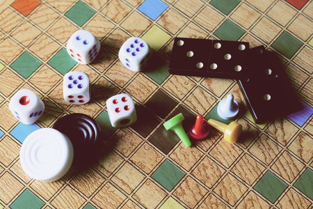 Detail of Board games, dominoes, checkers, checkers and dice.