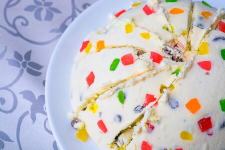 Festive cake, painted eggs on the table for Easter.の写真素材