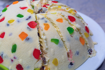 Festive cake, painted eggs on the table for Easter.の写真素材
