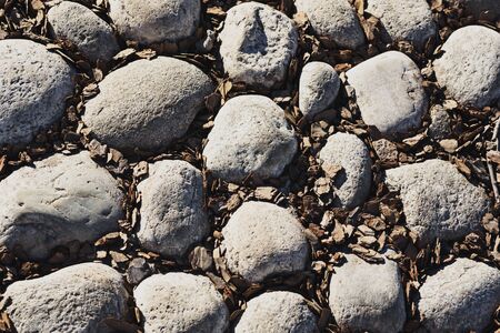 The texture of large smooth stones in wood chips, covering the track