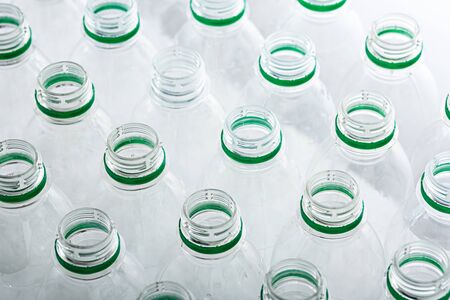 top view many transparent plastic bottles without lidの写真素材