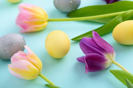 closeup Easter composition of purple and pink tulips and Easter eggs on blue backgroundの写真素材