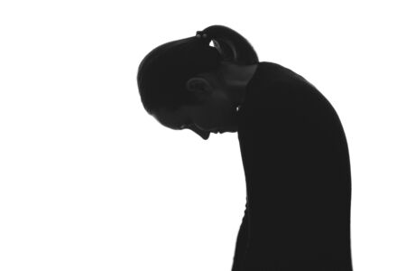 trendy black and white portrait silhouette of woman on side with upside downの写真素材