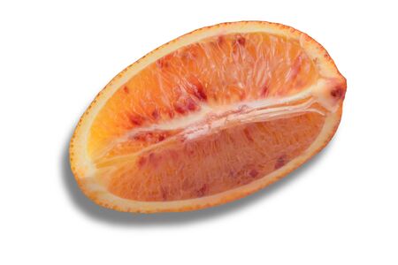 top view one slice of red orange on white backgroundの写真素材