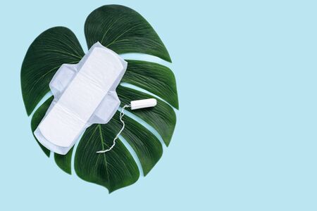 top view sanitary pads and tampon on leaf on blue background, copy space, flat layの写真素材