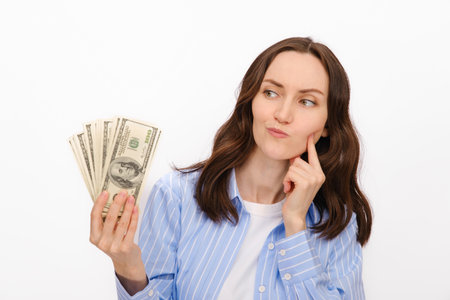 thoughtful brunette woman in blue shirt looks at dollars in her hands on white background, savings...