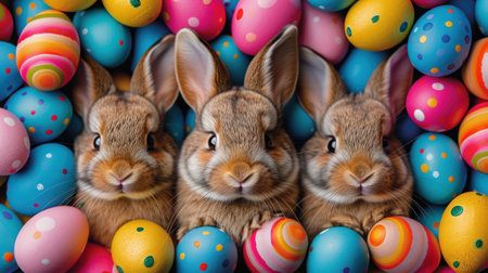 three Easter rabbits against the background of multi-colored Easter eggs, Easter day concept, top...