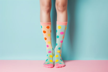 Legs of young woman in knee socks on color background, conceptの素材