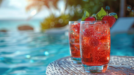 two summer strawberry cocktails with ice cubes in glasses against the background of the pool, luxury summer vacation concept, lemonade, refreshing drinksの素材