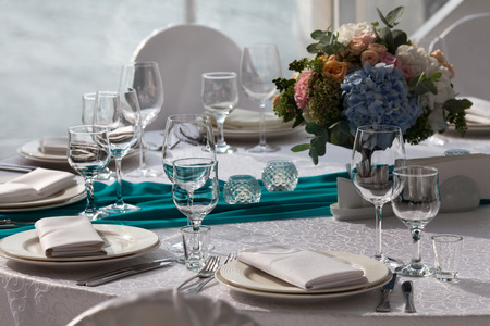 Elegance table set up for wedding in turquoiseの写真素材