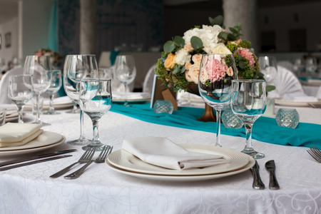 Elegance table set up for wedding in turquoiseの写真素材