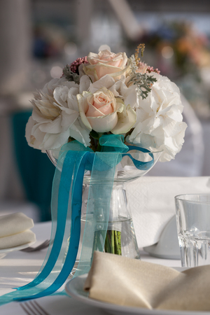 Elegance table set up for wedding in turquoiseの写真素材