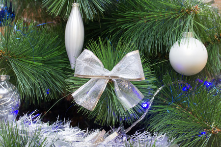 Christmas tree branch with a large bow decorated in two-color style: white and blueの写真素材