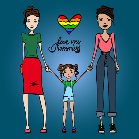 Family Love My Mommies Illustration with Two Lesbian Women in Love, Holding Hands with Their Kid, Colored Sketch Designのイラスト素材
