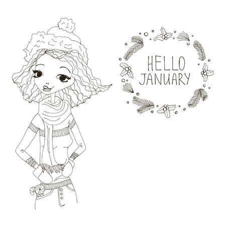 Hello January Black and White Illustration with a Hello January Typography Lettering, Winter Holiday Wreath and a Fashion Girl. Artistic Fashion Hello January Vector Illustration for Print, Bloggingのイラスト素材