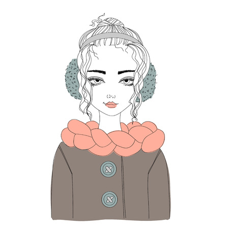 fashion illustration with a young pretty girl wearing warm winter clothes. colorful illustration for blogs, magazines, booksのイラスト素材