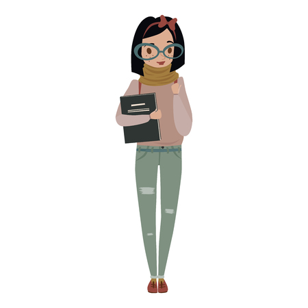 Nerdy young woman holding books, wearing sweater, jeans, scarf, boots, bow and glasses. vector people character illustration. female nerd with black bob haircut.のイラスト素材
