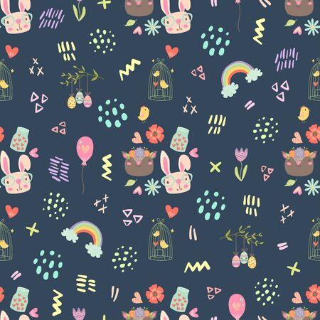 adorable easter seamless pattern with bunny, deer, chicken, flower, balloon, rainbow, eggs, heart. cute repeating tile for nursery decor, textile, fabric, wrapping paper, wallpaper for boys, girls.のイラスト素材