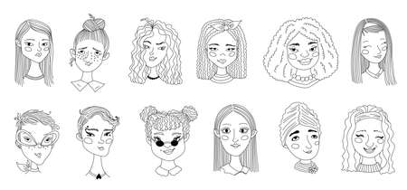 Everybody's beautiful doodle illustration with diverse women's portraits in outline line art. Black and white hand drawn art with ink pen. Unique feminism linear drawing with female cartoon charactersのイラスト素材