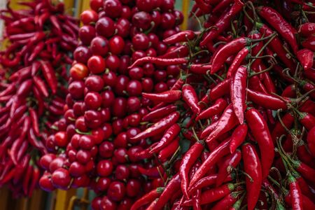Peppers and tomatoes shown in the market, national food of Hungary photographed with shallow depth...