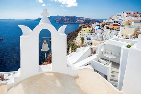 White architecture on Santorini island, Greece. Beautiful landscape with sea viewの写真素材